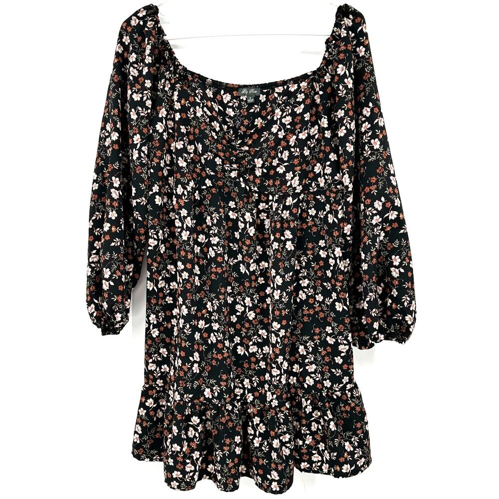 Lily Rose Size Small Long Sleeve Mini Dress Floral Allover Pattern Black Brown